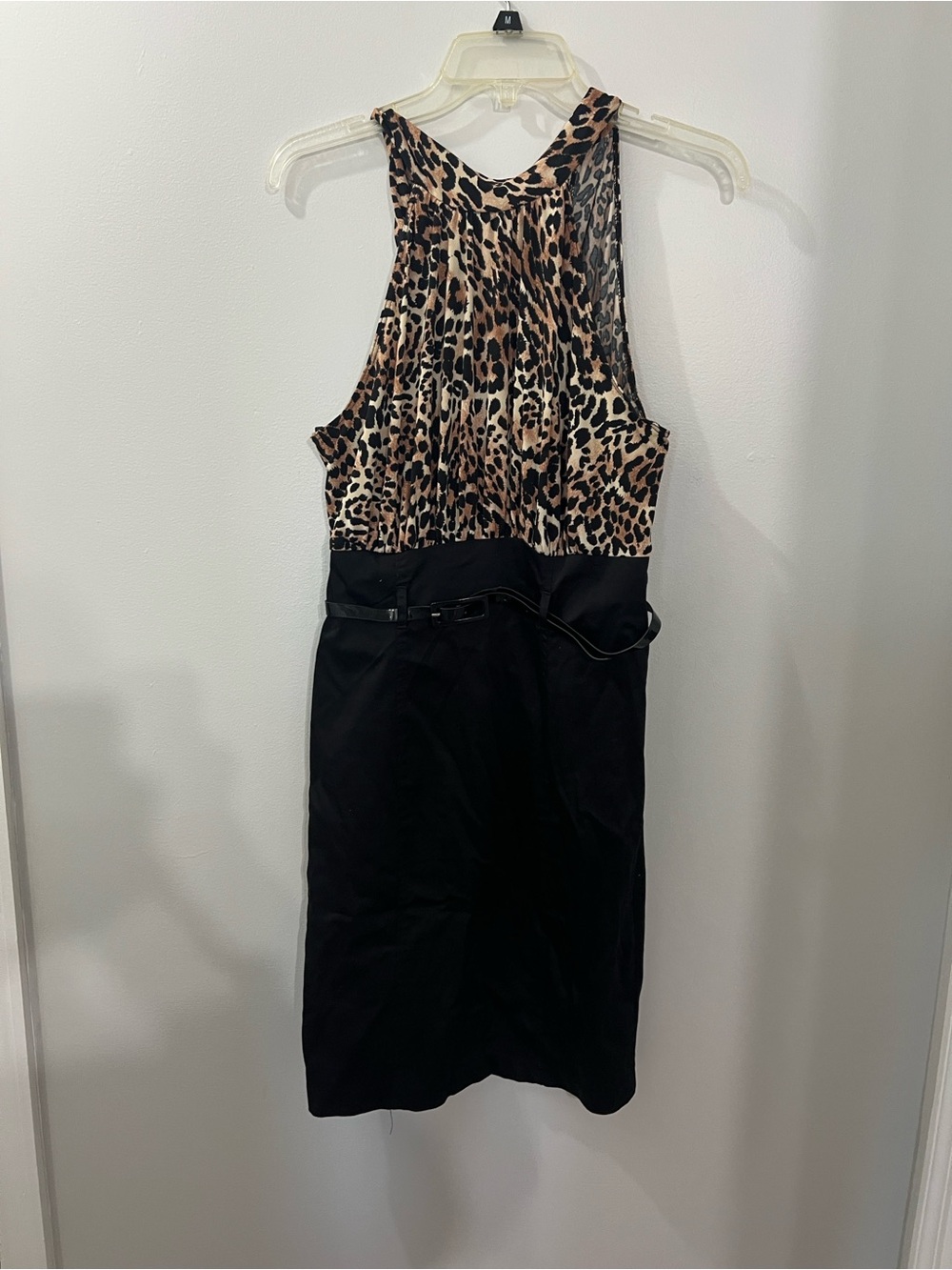 XOXO Leopard Print Bodice Black Skirt Open Back Dress